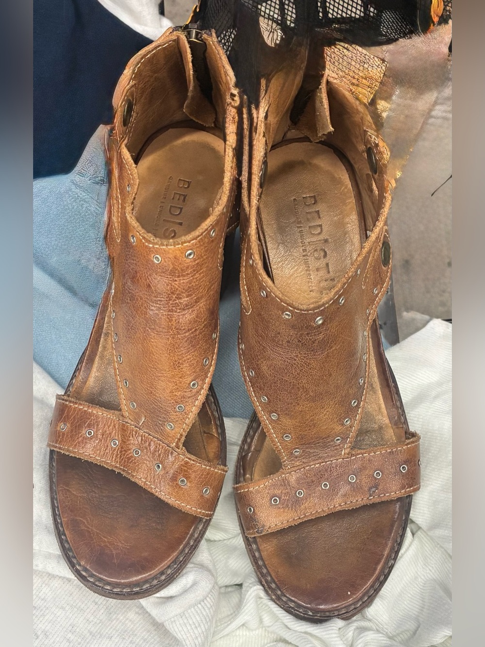 Bed Stu Soto tan rustic sandal with back zip and heel-6.5